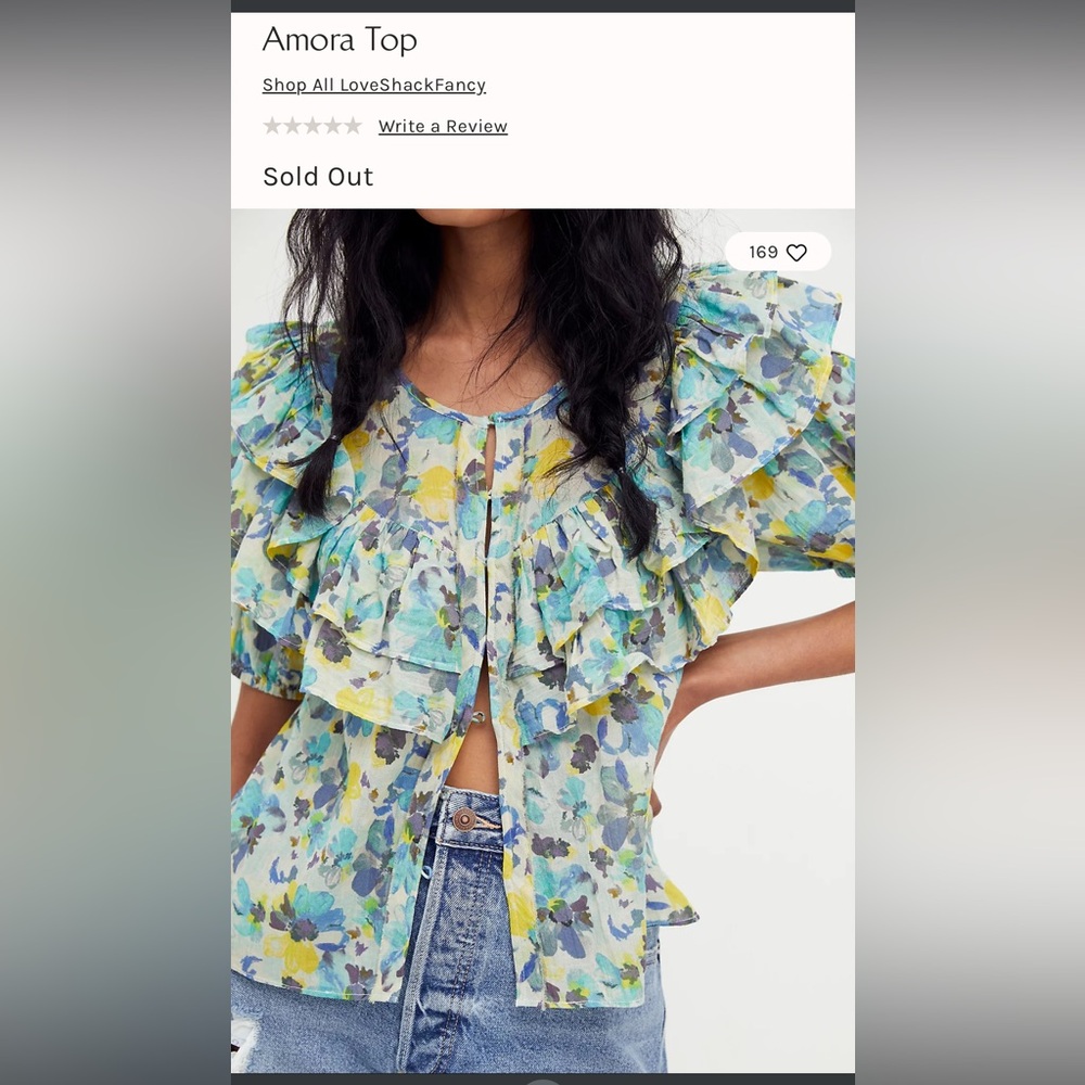 LoveShackFancy Amora Floral Ruffle Blouse - Blue and Yellow 100% Cotton Womens L